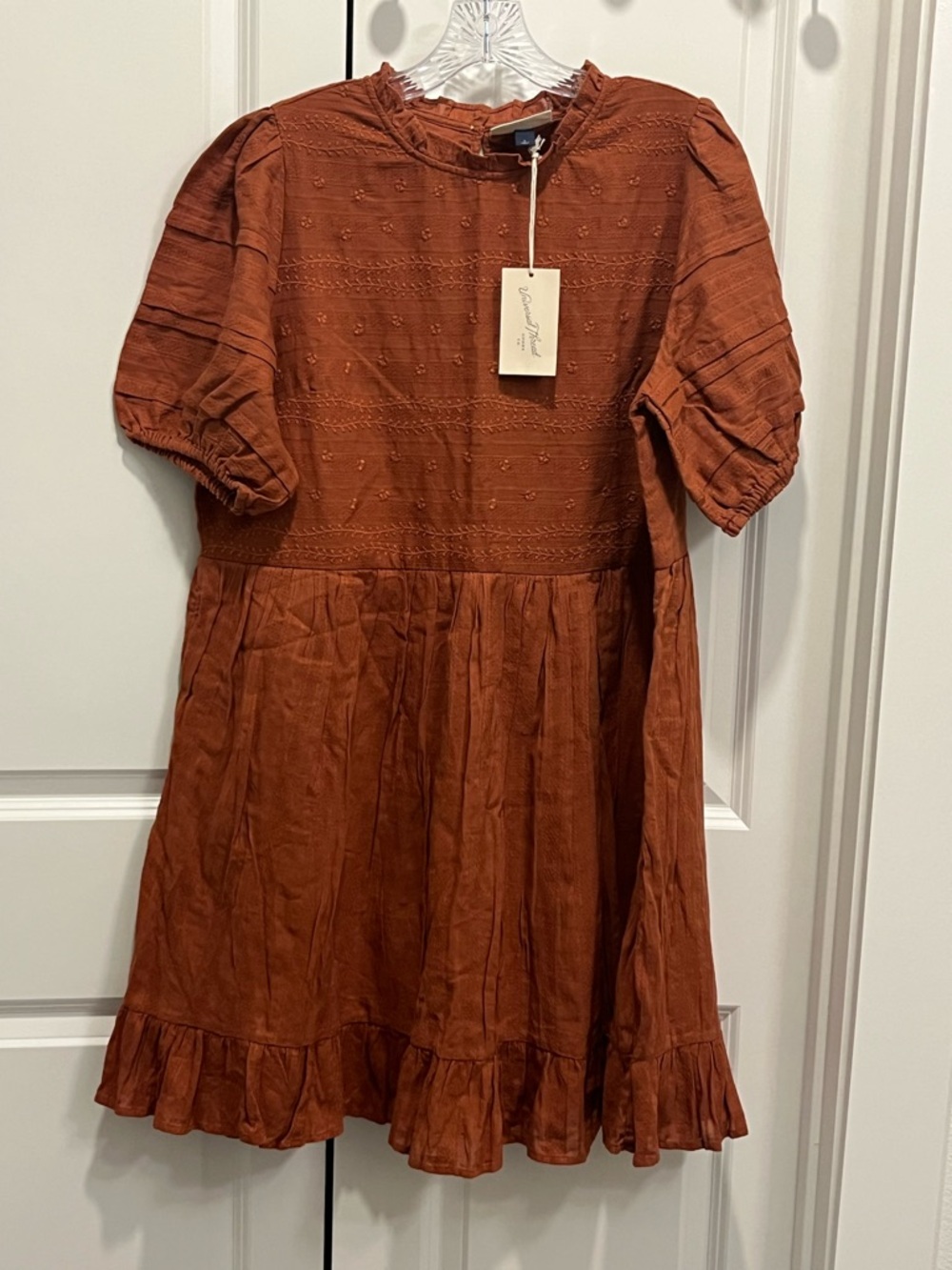 NEW Women’s Large Gauzy Brown Short Puff Sleeve 100% Cotton Dress Tiered